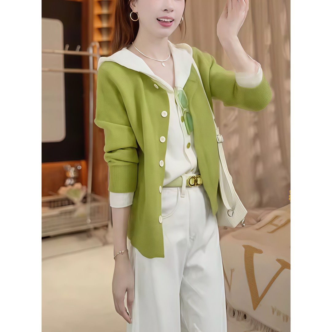 假两件撞色连帽子针织卫衣女小个子秋冬洋气时尚外套宽松开衫上衣