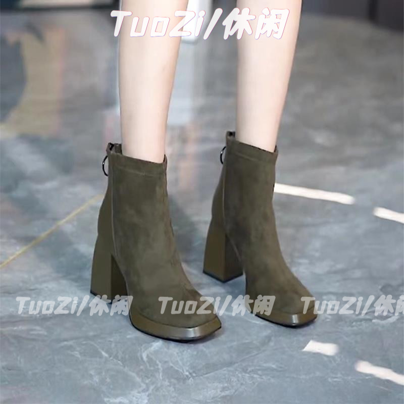 高跟短靴女秋季新款方头厚底时装女靴防水台后拉炼百搭粗跟马丁靴