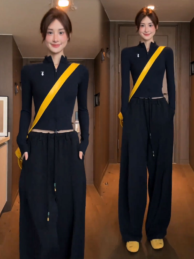 时尚休闲套装女2025秋季新款时髦洋气拉链立领上衣阔腿裤两件套潮