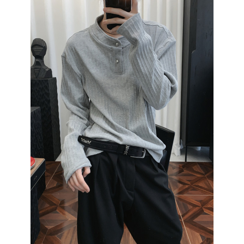 美式复古亨利领长袖t恤男秋季cleanfit老钱风boxy版型正肩打底衫