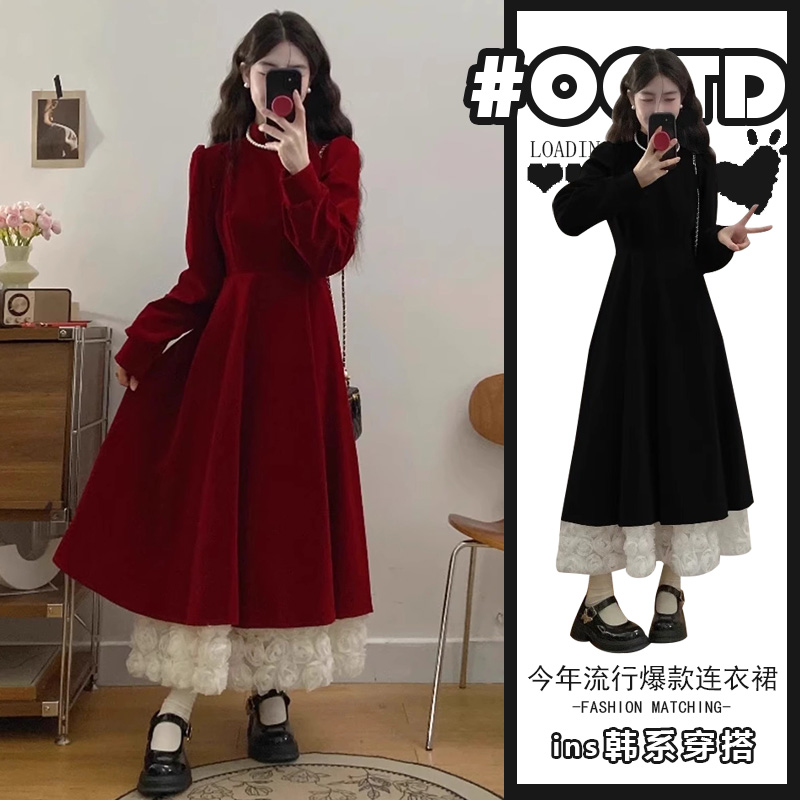 2025春秋新款撞色拼接气质丝绒连衣裙复古时尚玫瑰礼服裙a字短裙