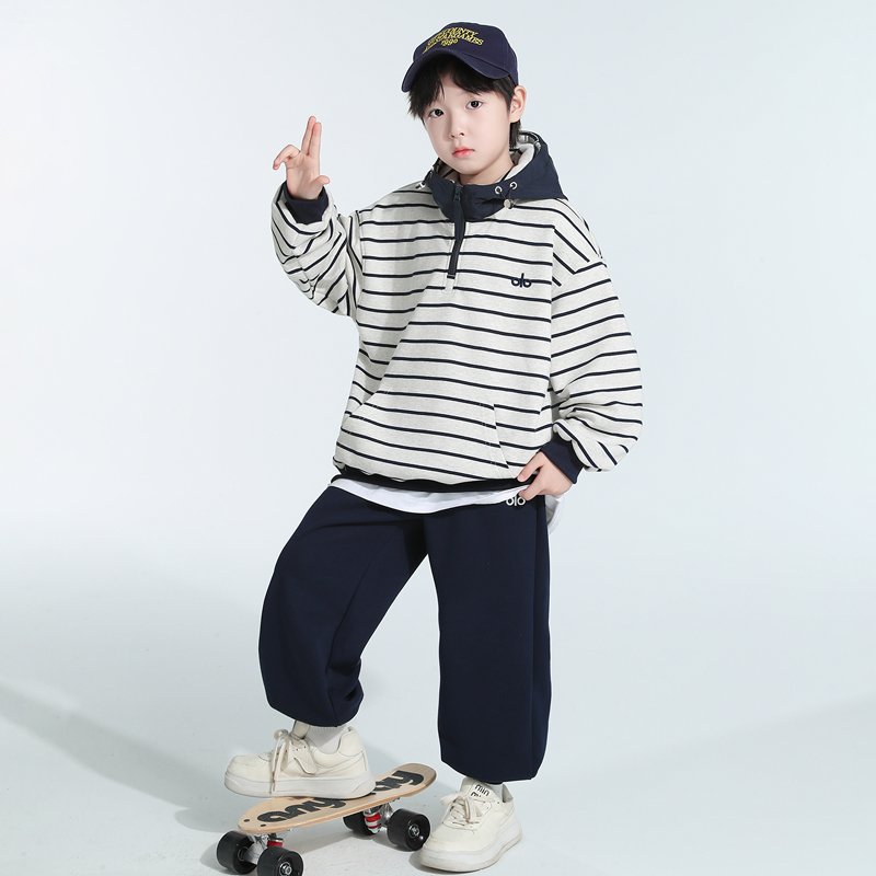 儿童套装中大童男童条纹连帽卫衣套装春秋季2025新款两件套时尚潮