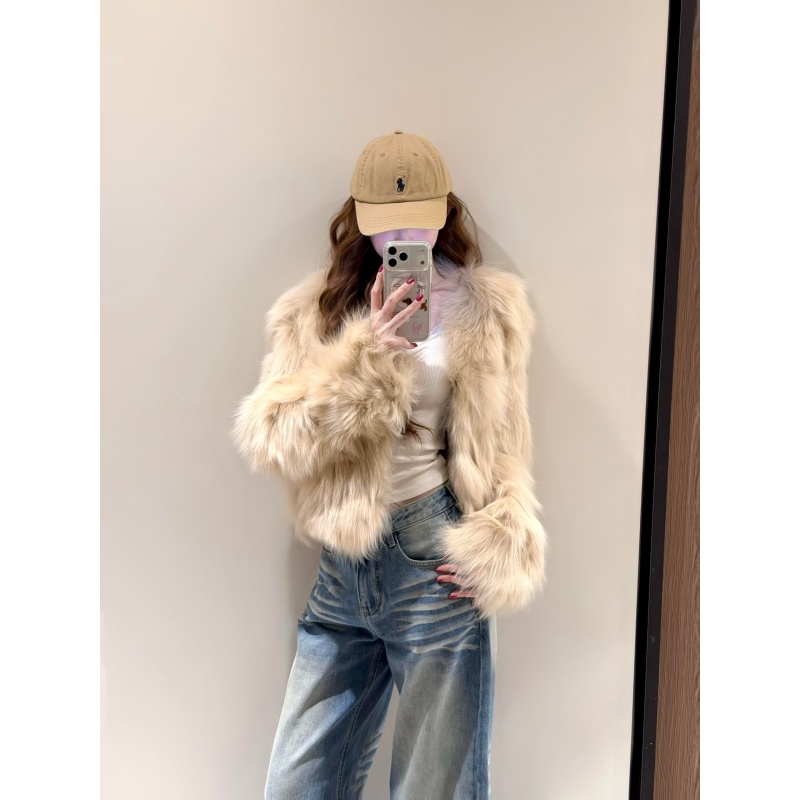 韩系休闲简约穿搭杏色毛毛设计感短款外套复古高腰牛仔裤两件套装