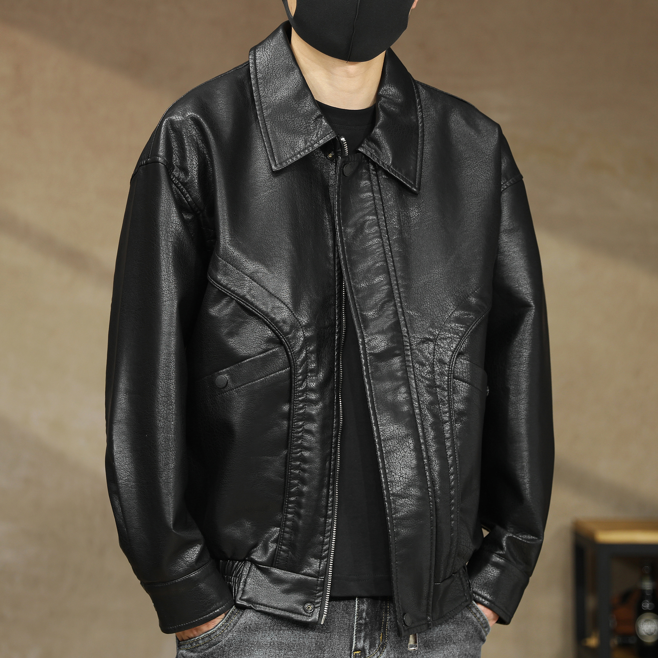 高端机车痞帅PU皮衣外套男士春秋2025新款潮牌宽松翻领休闲夹克衫