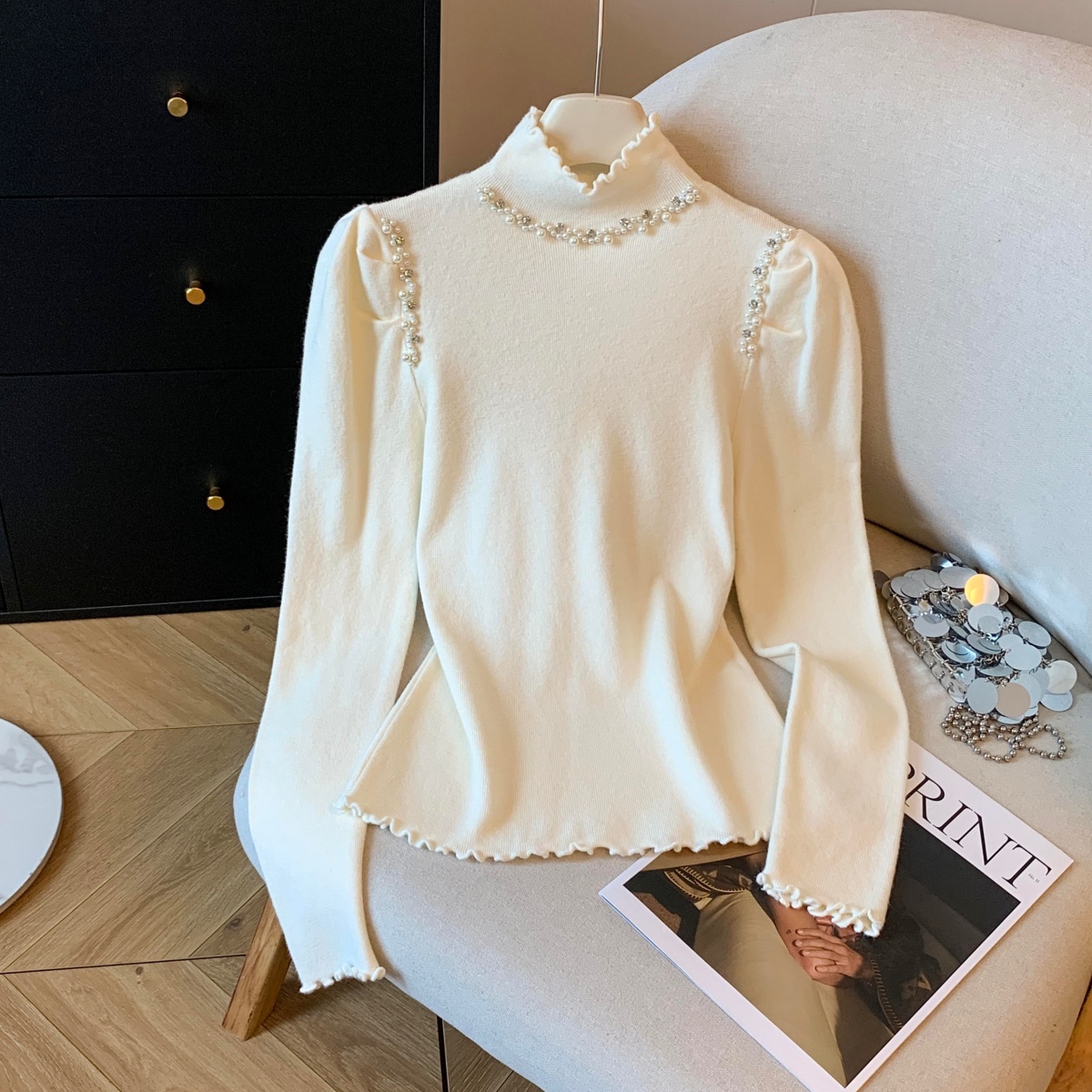木耳边珍珠半高领设计感打底衫女2025秋冬宽松内搭上衣毛衣