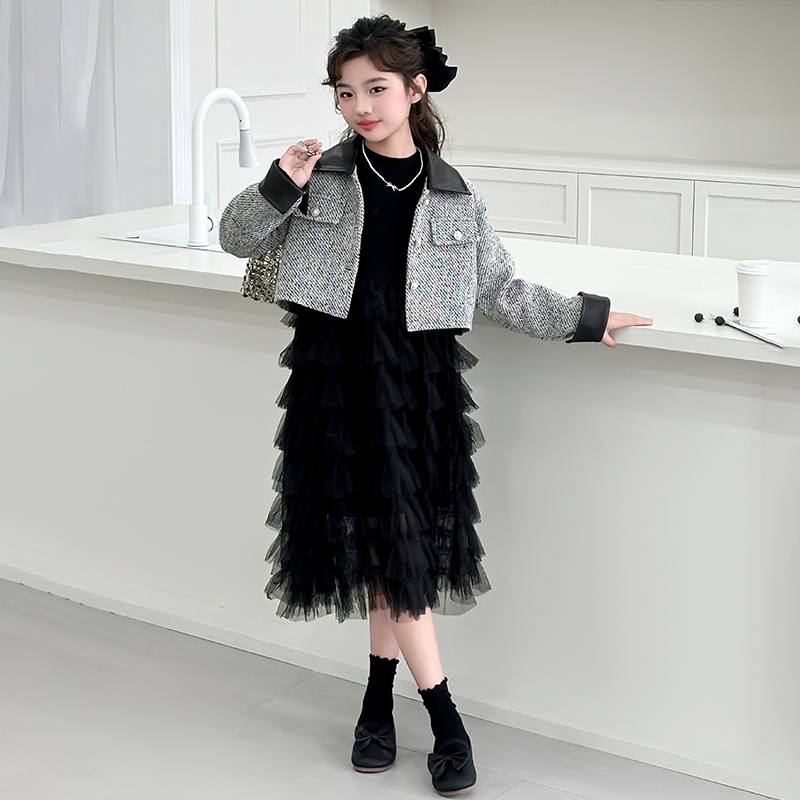 女童套装裙2025春秋新款中大童小香风外套洋气女孩蛋糕裙两件套潮