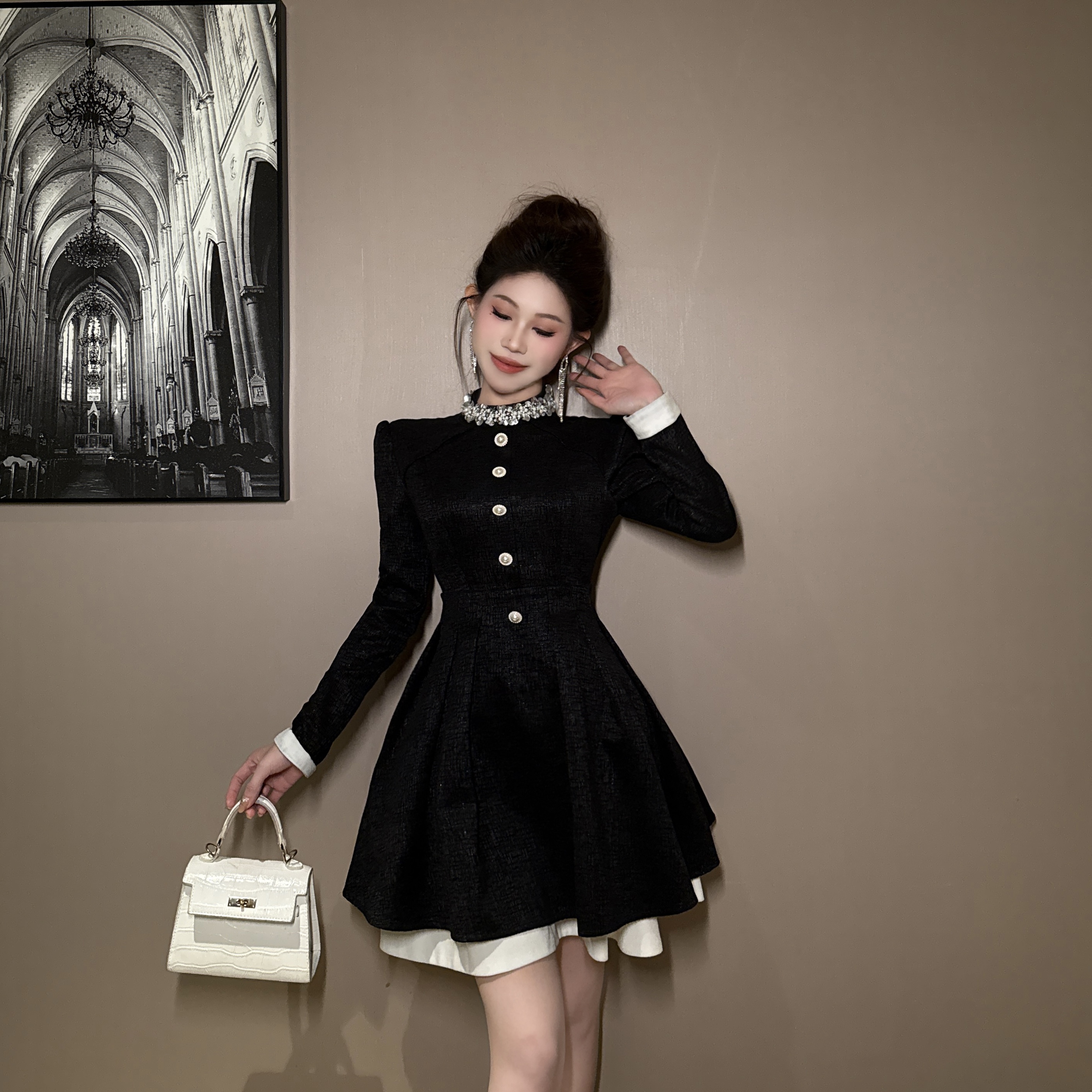 【惠子原创】法式气质赫本风名媛优雅复古修身设计感连衣裙9971