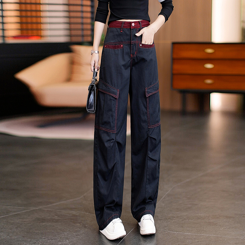 撞色美式工装弯刀裤女2025新款春秋款高腰阔腿裤宽松休闲直筒裤子