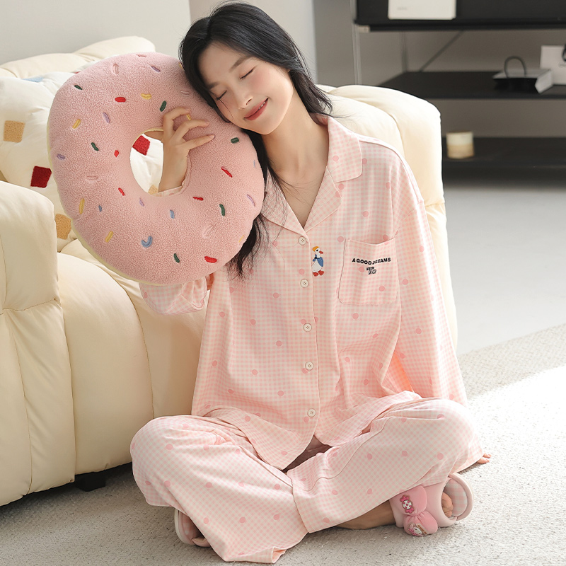 浪莎睡衣女士春秋季纯棉长袖长裤翻领宽松家居服全棉开衫甜美套装