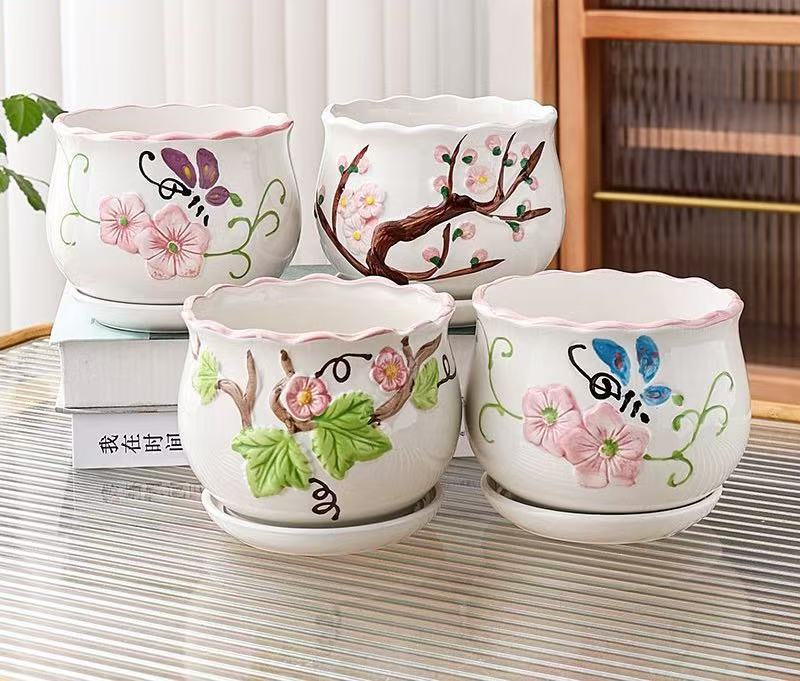 简约陶瓷花盆带托盘大口径茉莉花蝴蝶兰家用多肉花盆阳台绿萝盆栽