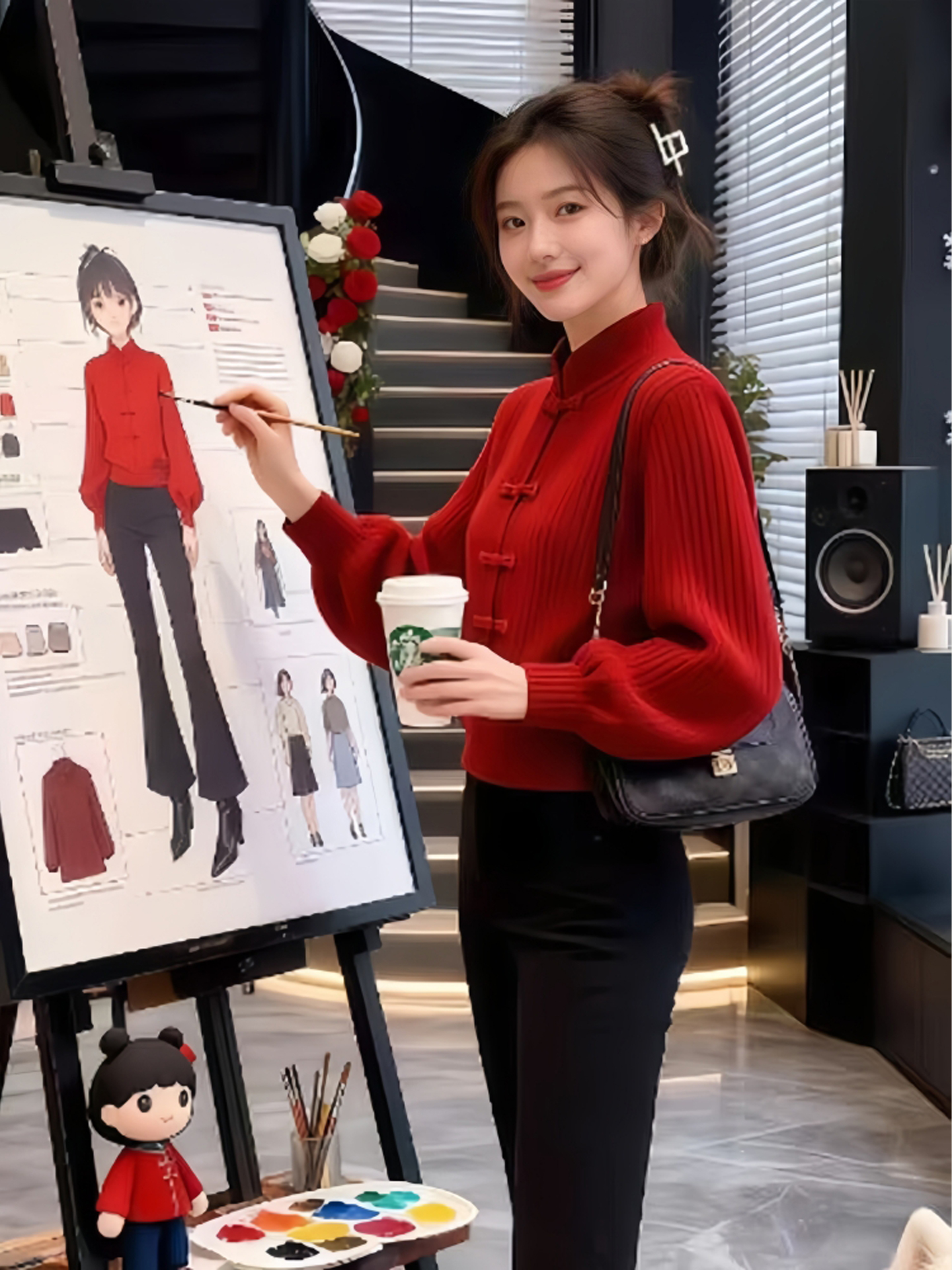 设计感百搭氛围感盘扣立领毛衣女冬季时尚高级感新中式红色针织衫