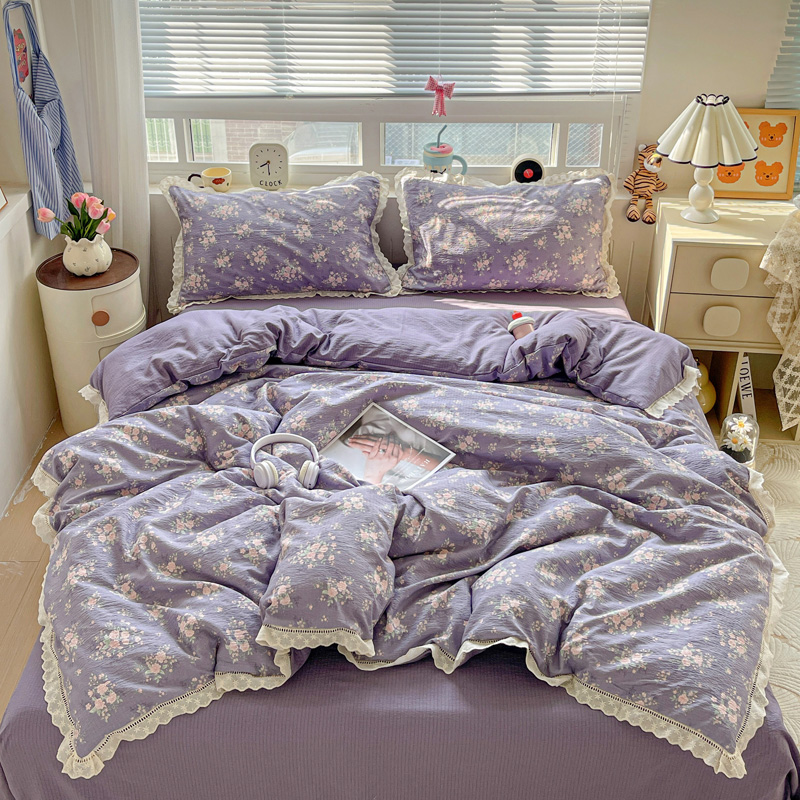 2025新款木棉云感双层纱皱皱棉韩版花边四件套学皱纱花边床三件套
