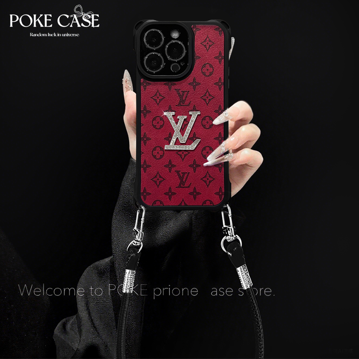 四角挂绳玻璃酒红四叶草适用华为红米苹果vivo小米oppo手绳壳