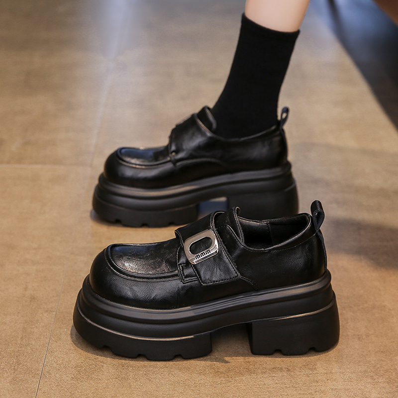 真皮厚底乐福鞋女春季2025新款小个子增高魔术贴单鞋英伦乐福鞋女