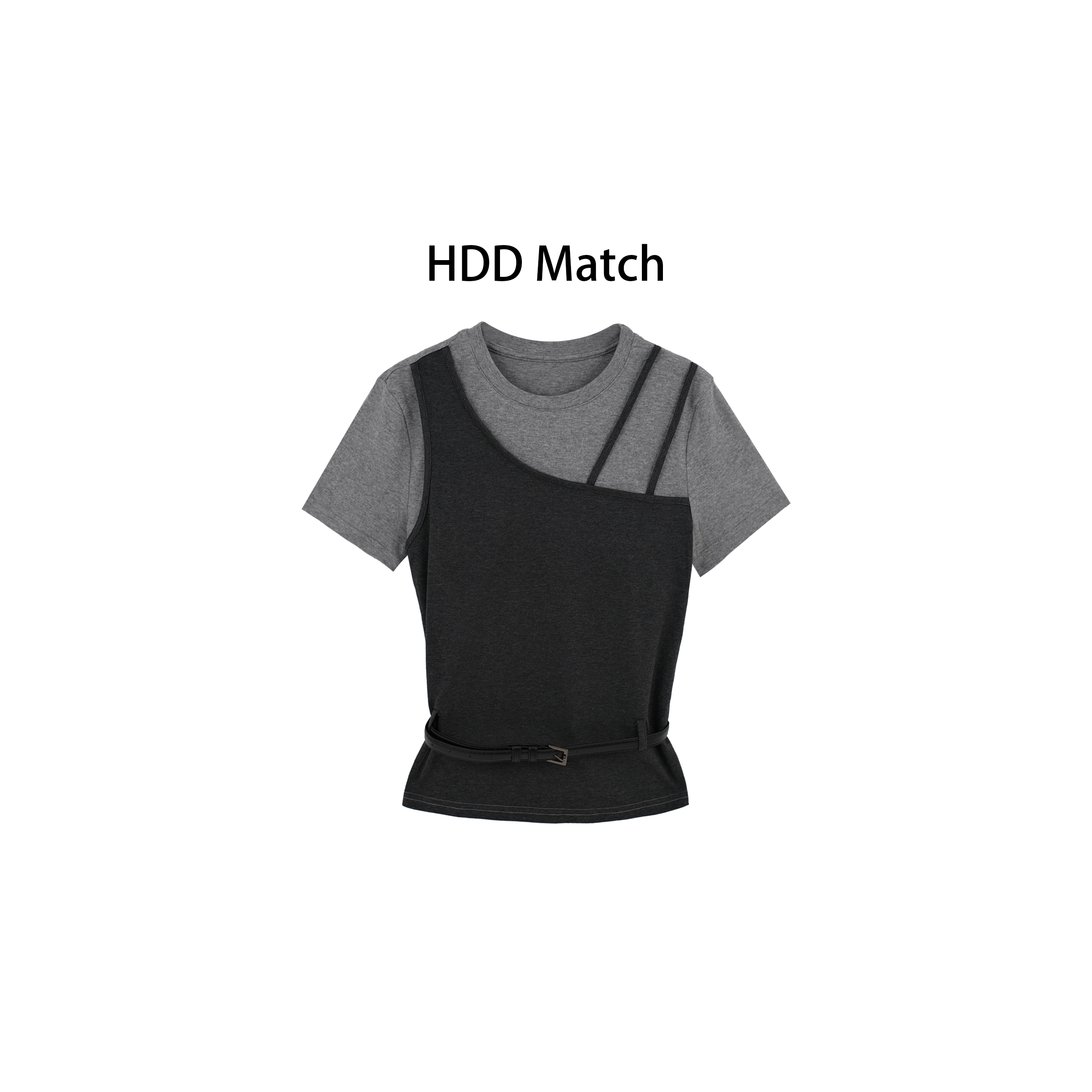 HDD- "随性修身" 棉 假两件设计收腰修身小众打底短袖T恤  Y8399