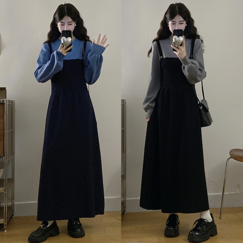 大码胖mm秋冬季新款法式复古圆领针织显瘦遮肉假两件连衣裙女