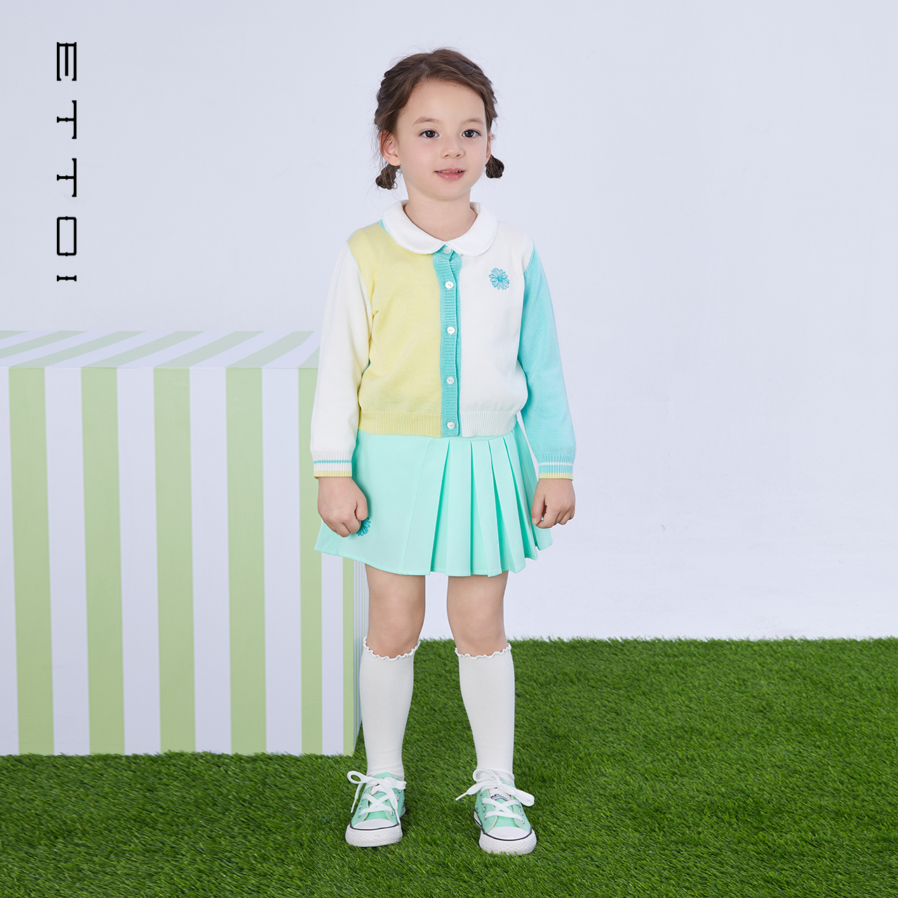 ETTOI爱多娃女童裙子休闲运动浅绿色LUCKY百褶短裙