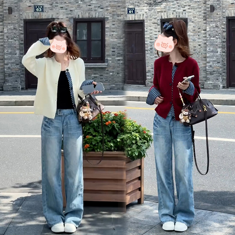 时尚简约淑女韩系格子撞色拼接毛针织开衫洋气毛衣女2024秋季套装