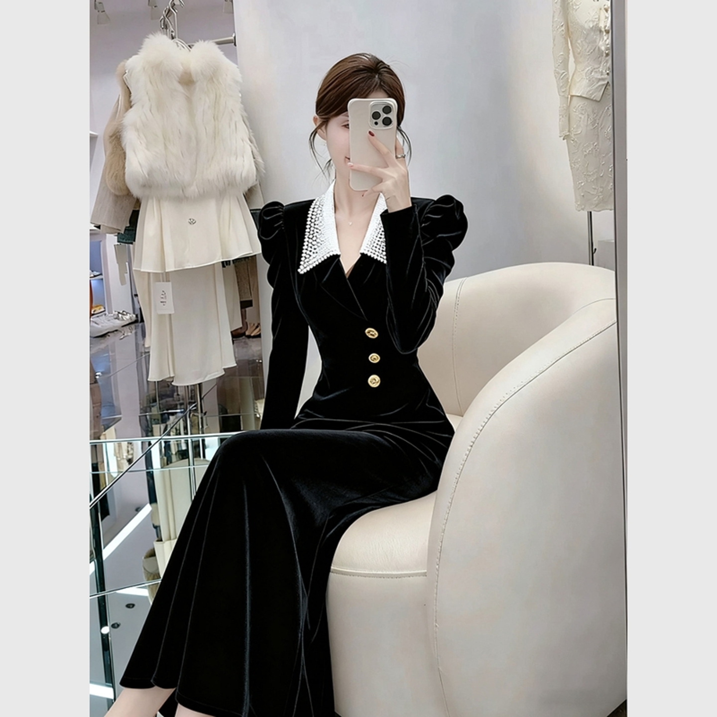 高端轻奢礼服裙女冬出席重要场合大方得体掐腰法式黑色丝绒连衣裙