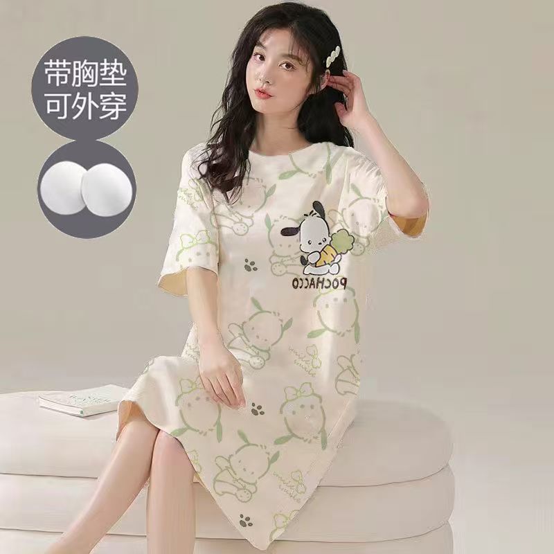 带胸垫睡衣夏季睡裙短袖夏天连衣裙春秋款中长裙甜美可爱女家居服
