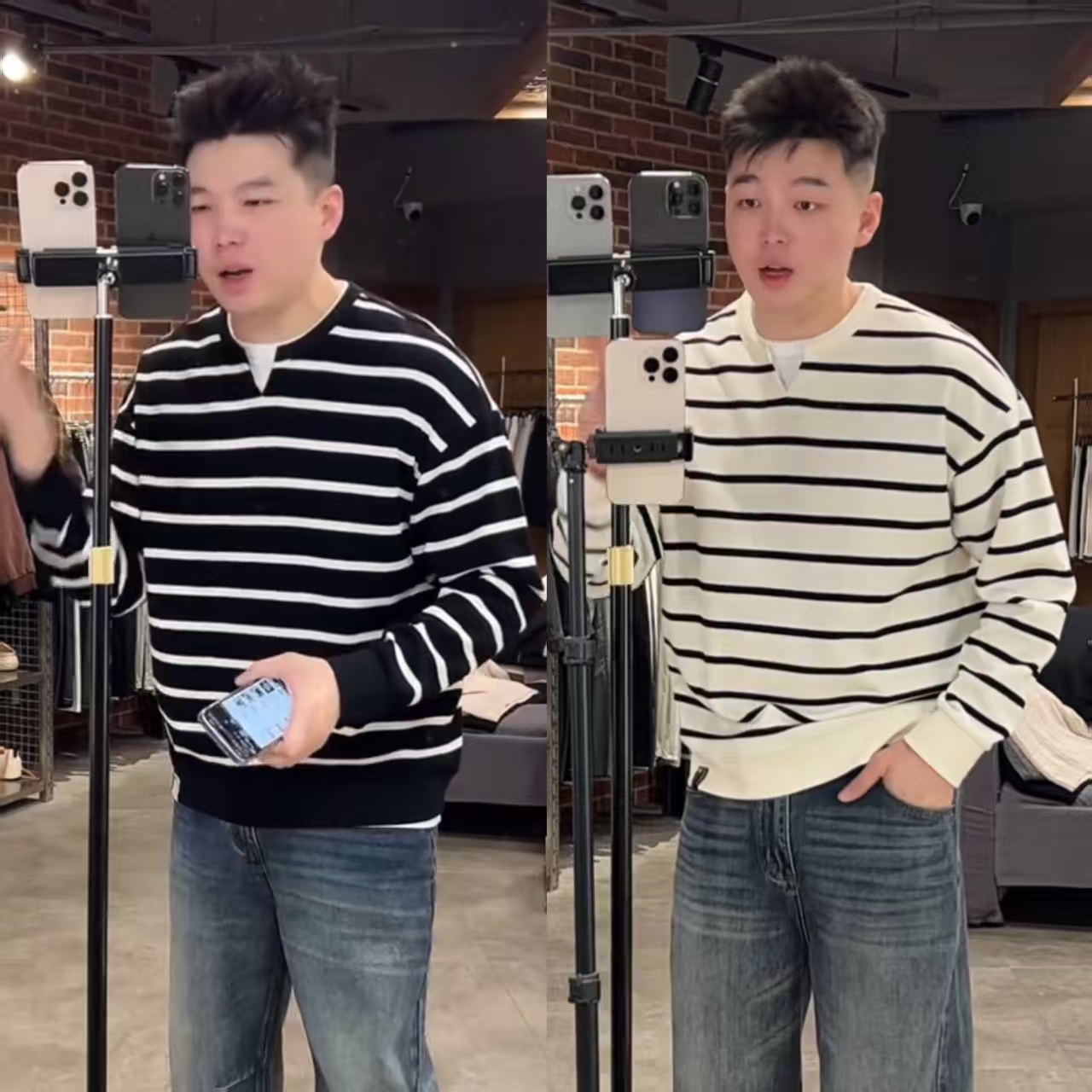 【南通大个】秋季时尚百搭条纹假两件亨利领长袖卫衣宽松T恤打底衫