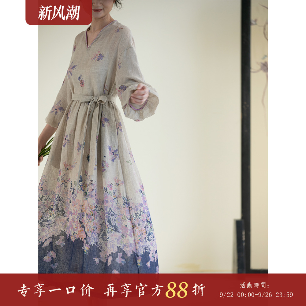 牧衣游原创 印花进口麻连衣裙女新款别致小众设计感长裙气质 树间