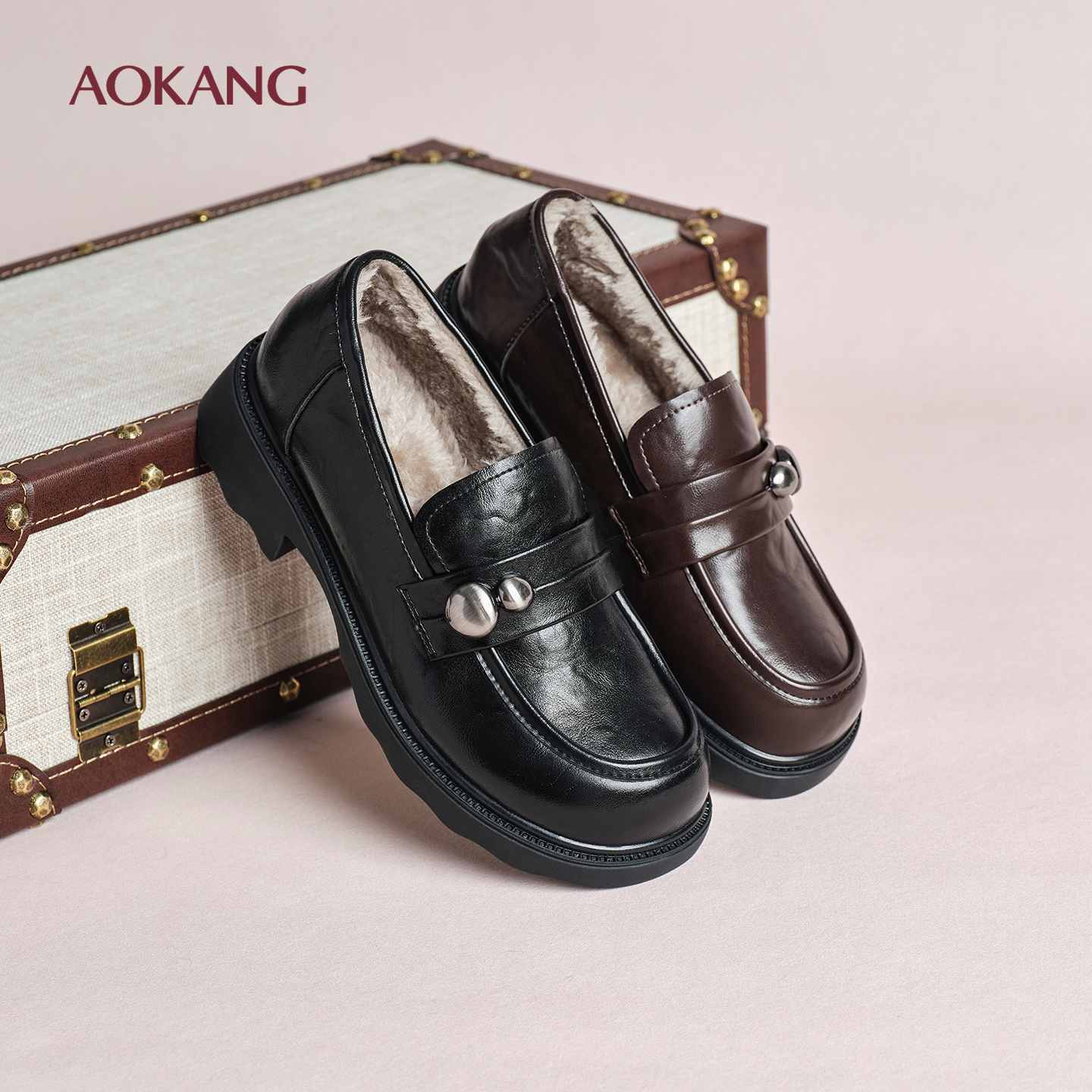 Aokang/奥康【云朵】厚底增高乐福鞋2025新款秋冬加绒英伦风小皮鞋