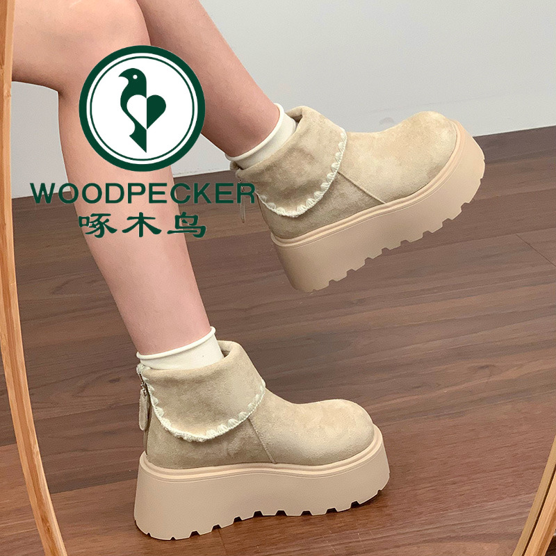 啄木鸟白色复古厚底增高雪地靴女2025年冬季加绒加厚保暖勃肯棉鞋