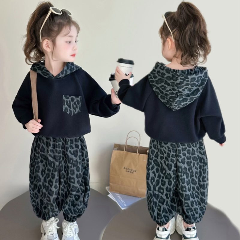 【加绒不加绒都有】女童洋气套装2025秋装新款豹纹连帽休闲卫衣卫裤