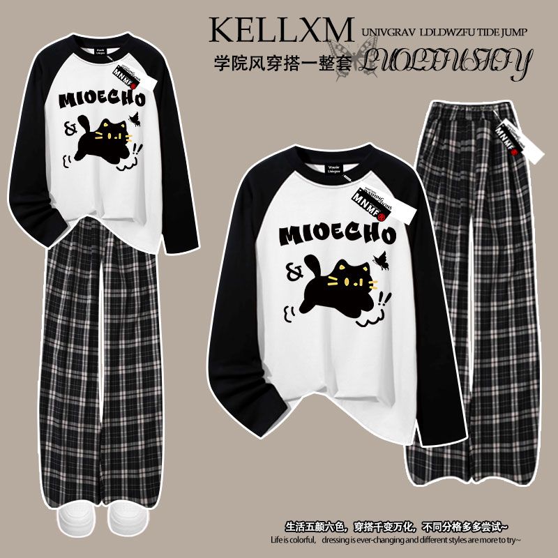 2025秋季新款男女童插肩长袖t恤格子裤套装洋气猫咪印花中大童潮
