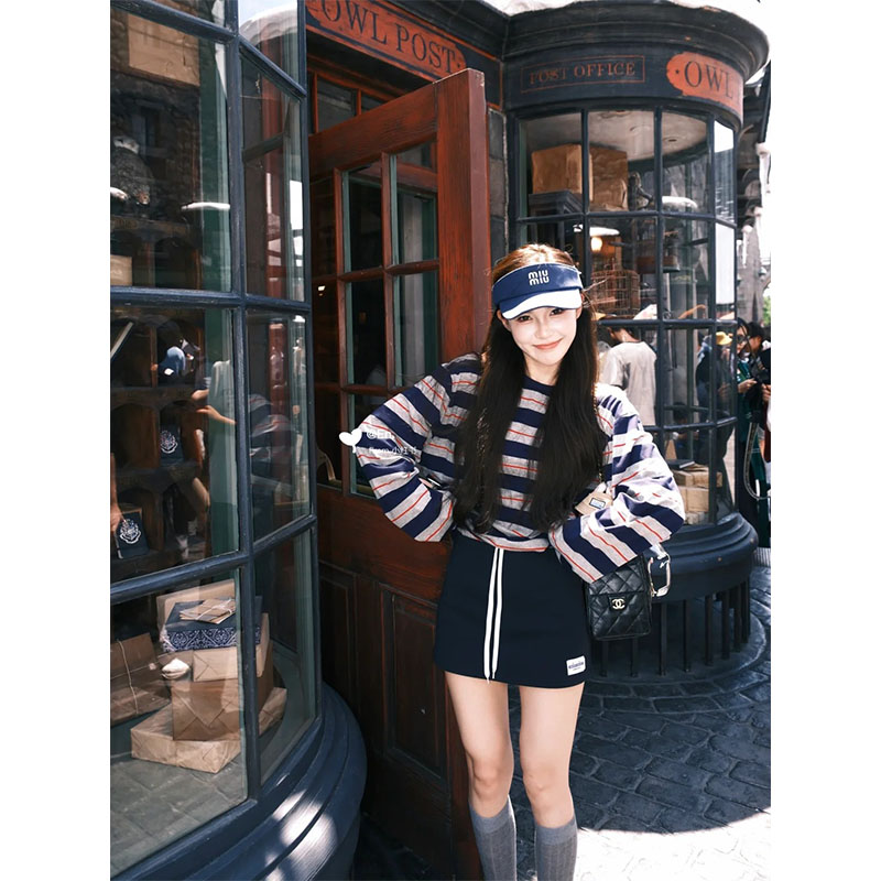 韩系百搭休闲圆领条纹T恤女2025新款夏季高腰抽绳阔腿裤裙两件套