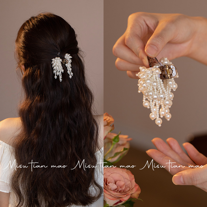 抓夹女新款高级感风情发夹后脑勺盘发小夹子头饰气质珍珠流苏发饰