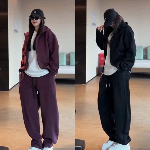 秋季新款纯色连帽卫衣休闲裤套装开衫外套百搭直筒裤痞帅两件套