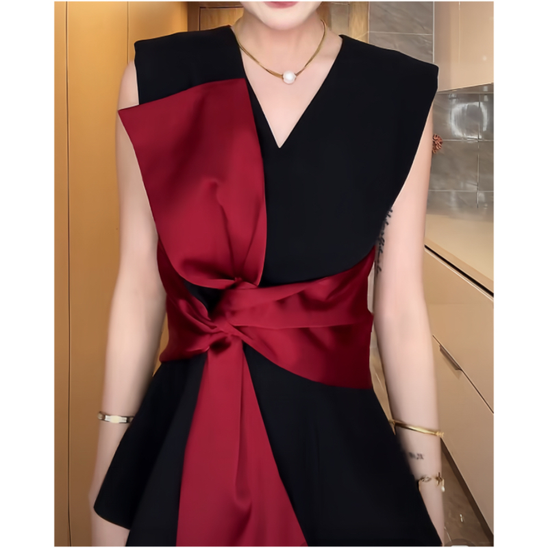 2025夏季新款气质时尚法式高端撞色蝴蝶结拼接无袖显瘦上衣马甲