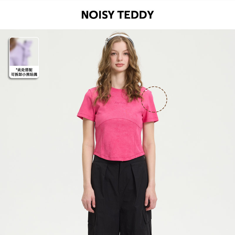 纯色圆领常规短袖小熊简约女T恤户外春夏幂式穿搭