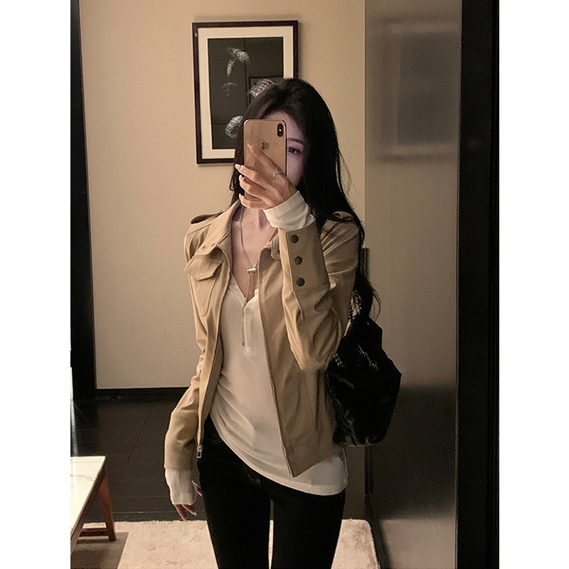 美式复古麂皮短款外套女气质设计感显瘦休闲百搭翻领机车夹克