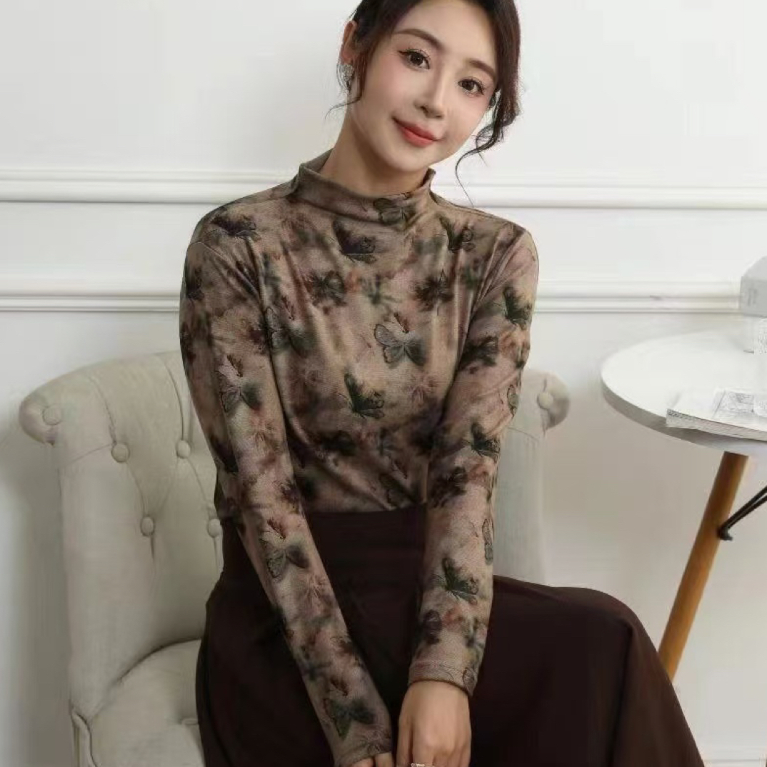 9064秋冬气质半高领数码印花打底衫时尚百搭