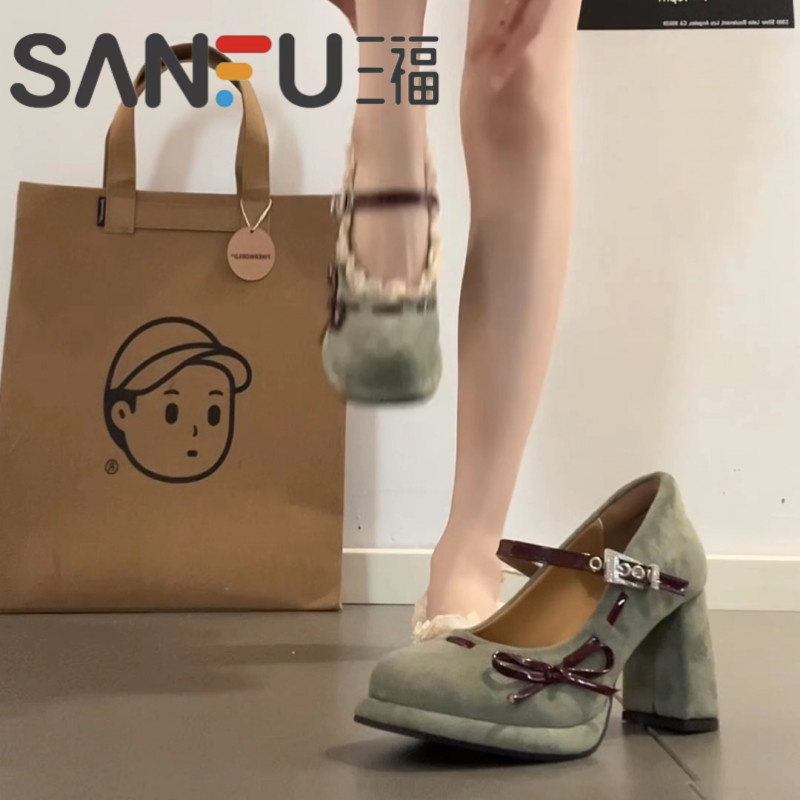 三福时尚淑女粗底玛丽珍鞋女2026秋冬甜美风一字带浅口单鞋法式高
