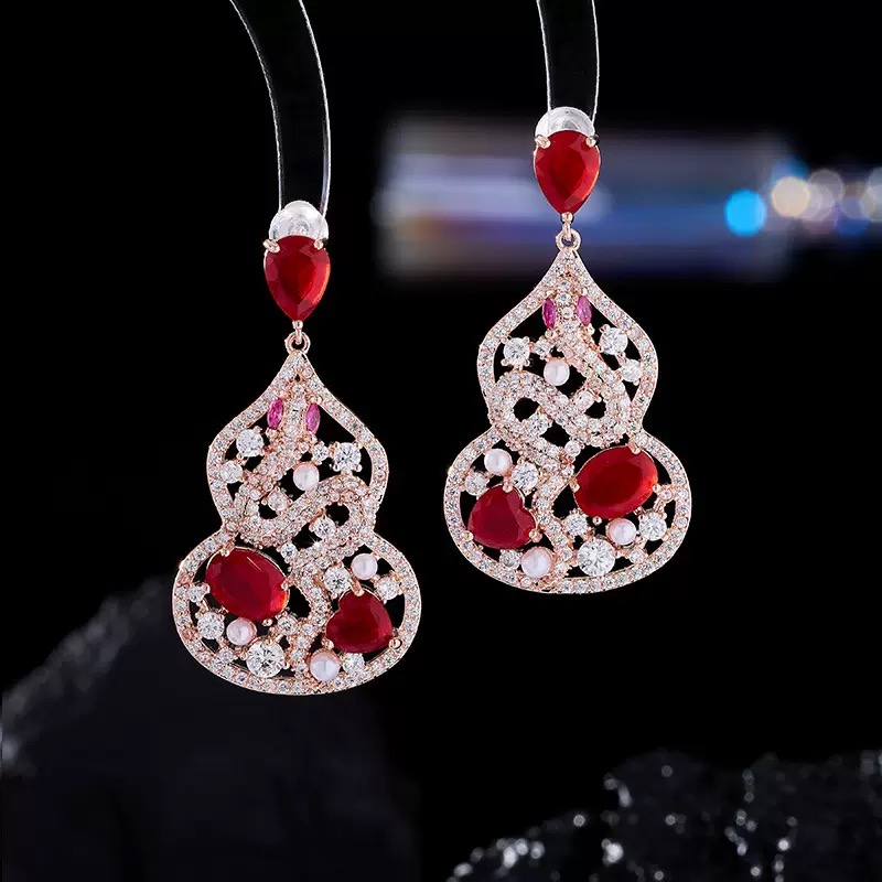 铜合金锆石耳饰 新中式国风葫芦耳环红色复古宫廷女精致轻奢耳环