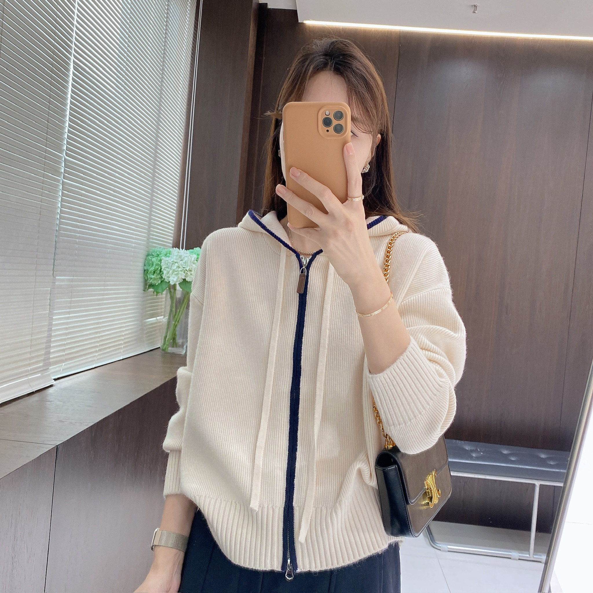 IMFLY金小金自制女装 针织衫DYW9878秋季百搭双开拉链连帽上衣