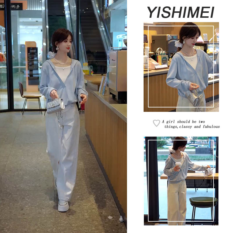 秋季温柔穿搭2025年新款韩版百搭假两件撞色长袖上衣牛仔裤两件套