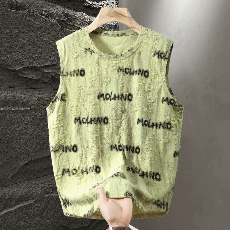 夏季特大码满天星男士亮片薄款T恤衫宽松休闲外穿无袖背心男上衣