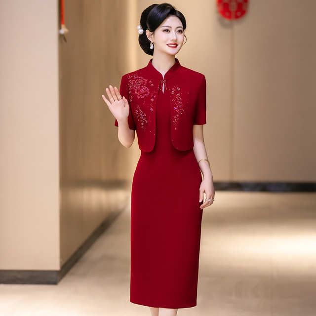 新国风中式妈妈装洋装夏季短袖假两件喜婆婆婚宴中老年女装礼服