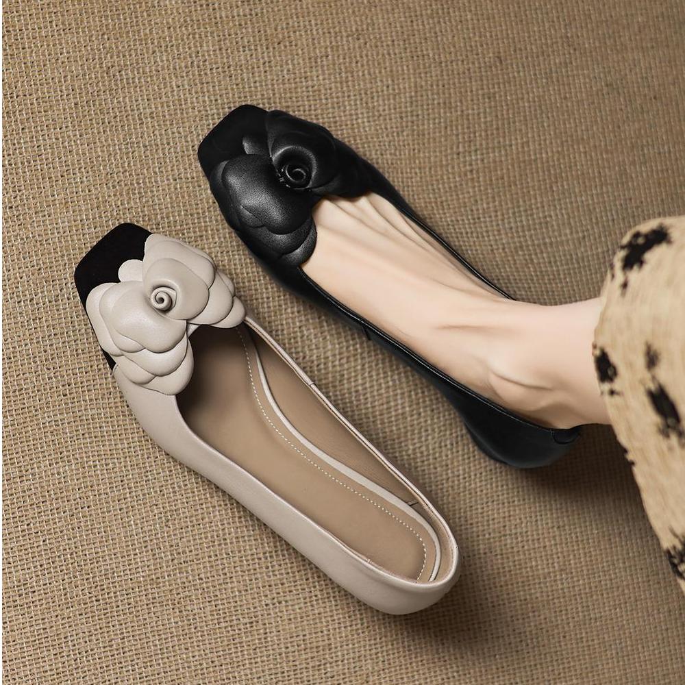 法式小香风中跟拼色山茶花单鞋女夏2025新款粗跟浅口百搭通勤女鞋