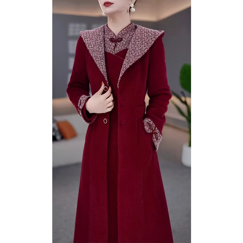 中长款加厚风衣两件套连衣裙女2025年秋冬新款妈妈婚宴礼服套装裙