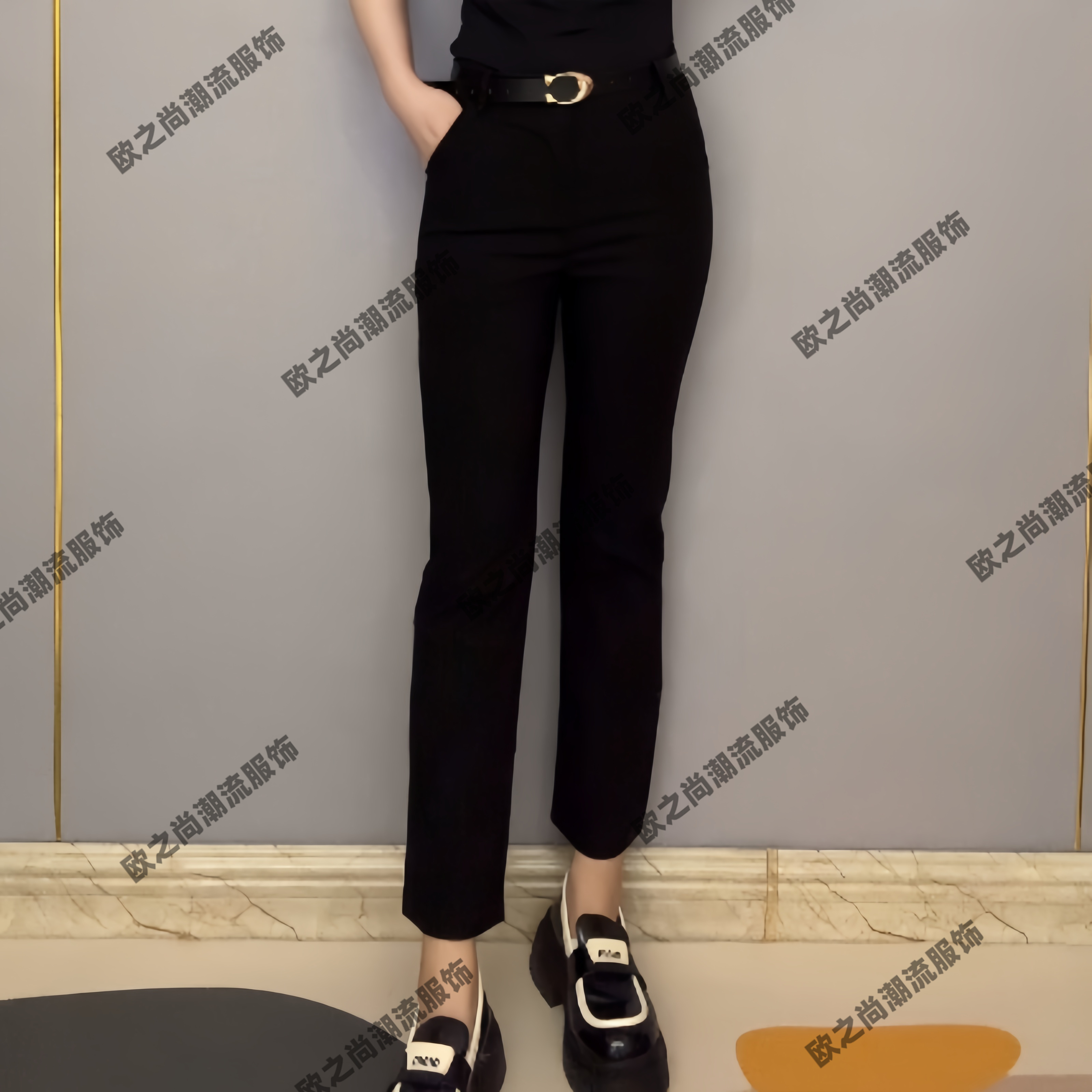 中高腰弹力裤静奢风简约西装裤微喇裤子小脚裤夏季K5222【赠腰带】