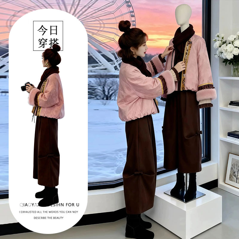 冬季穿搭一整套大码胖mm粉色棉服外套阔腿裤子高级时尚漂亮套装女