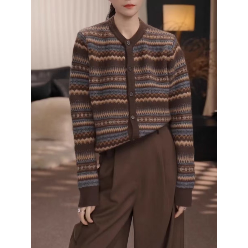 2025冬季复古提花单排扣毛衣针织开衫女同色系休闲裤两件套装