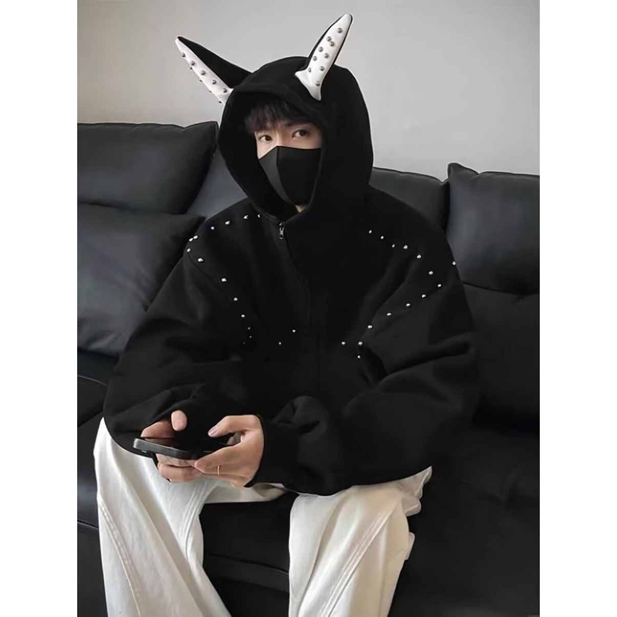 美式铆钉杜宾犬耳朵连帽卫衣男秋季宽松甜酷风设计感短款情侣外套