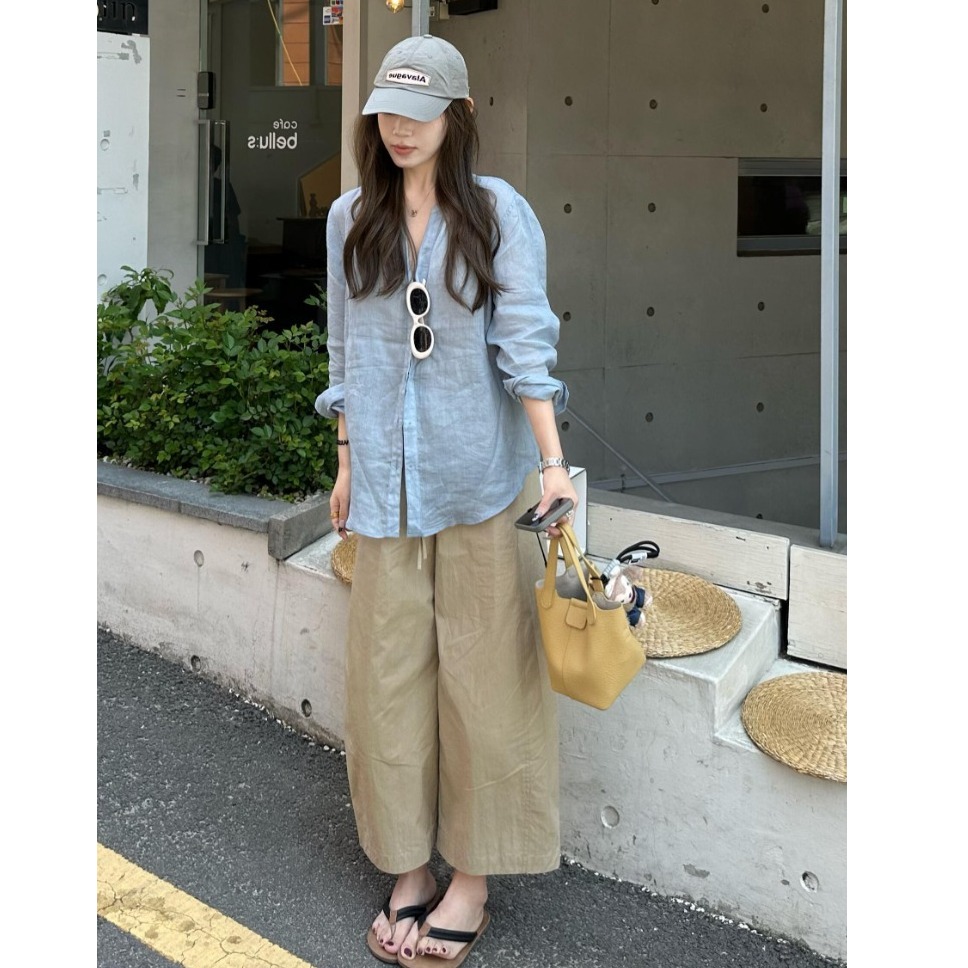 巨好看的夏季韩里韩气穿搭独特绝美蓝色衬衫阔腿裤休闲宽松套装女